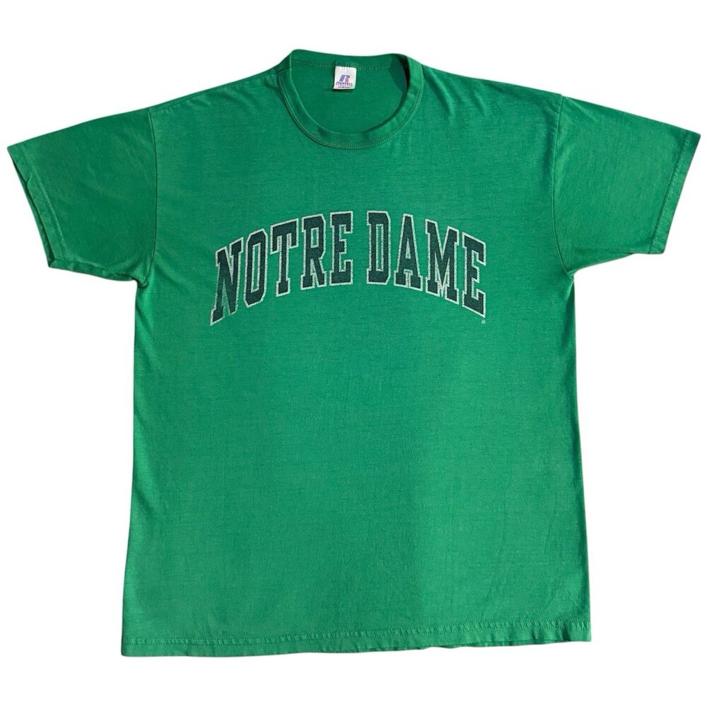 Vintage 90s Notre Dame T Shirt Green Large Collegiate Tee USA Made Fade Graphic